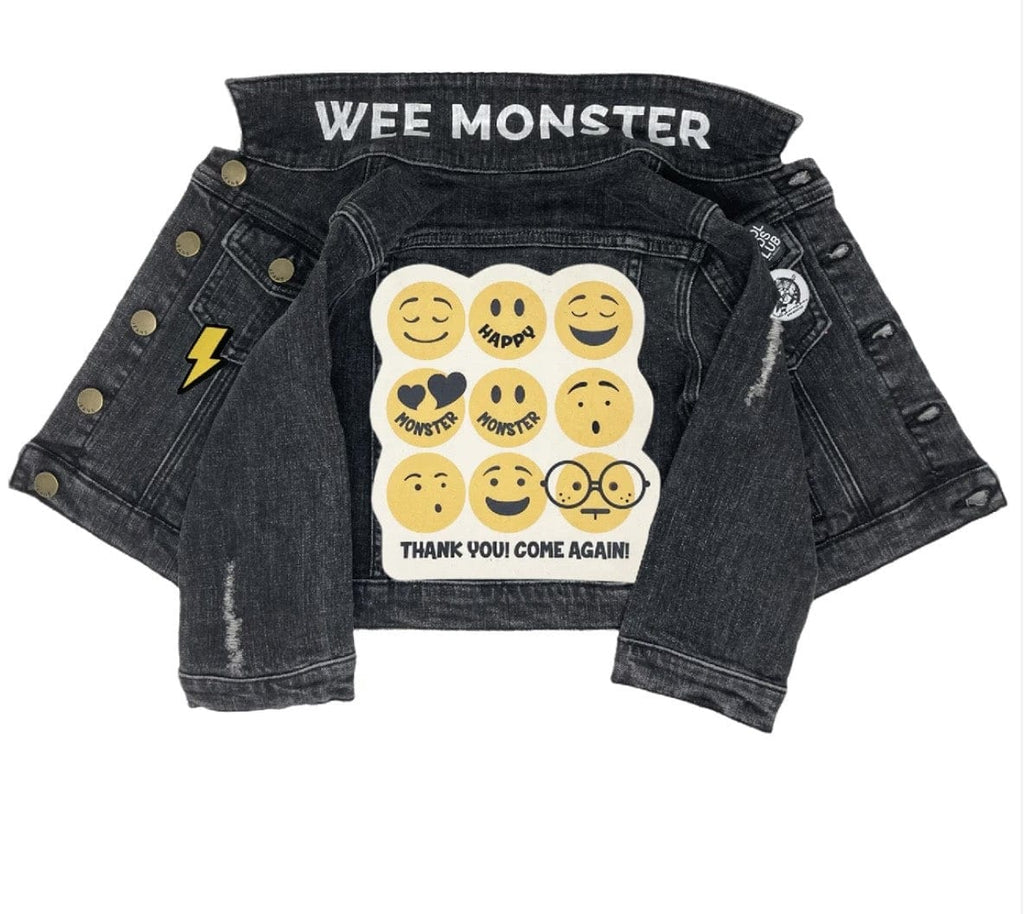 A Bundle of Joy Boutique Outerwear Black Denim Wash Jacket with Patches by Wee Monster