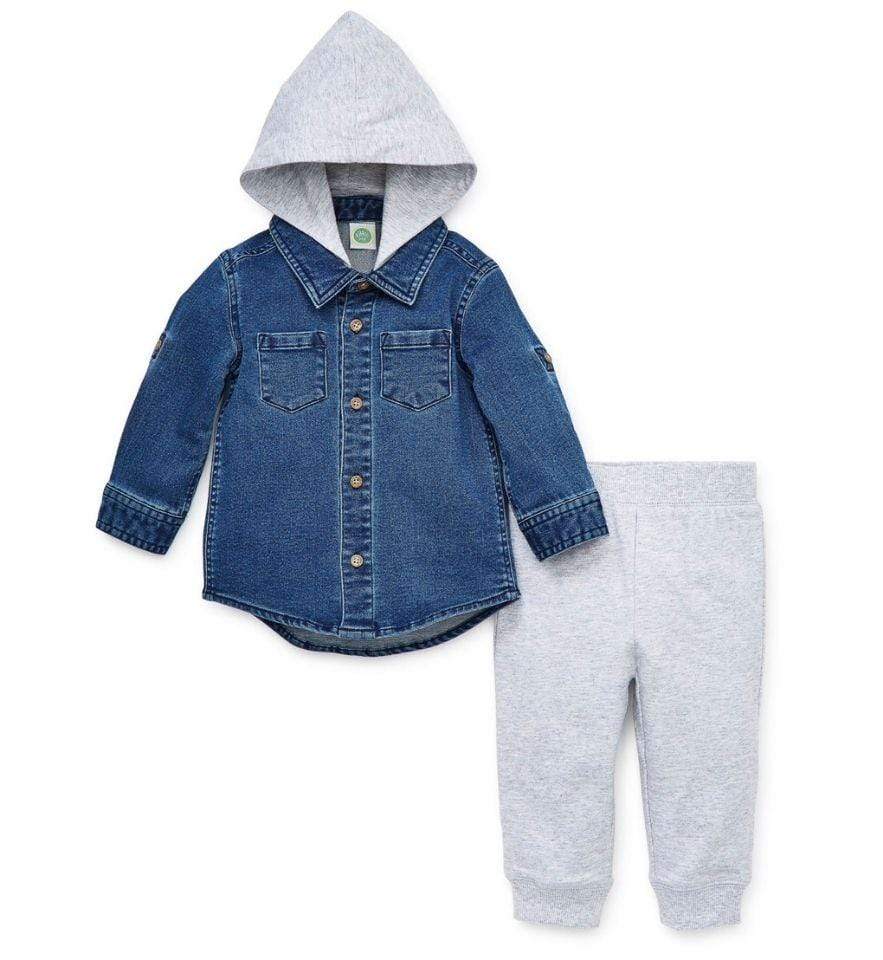 Little Me Set Knit Denim Flannel Shirt Set